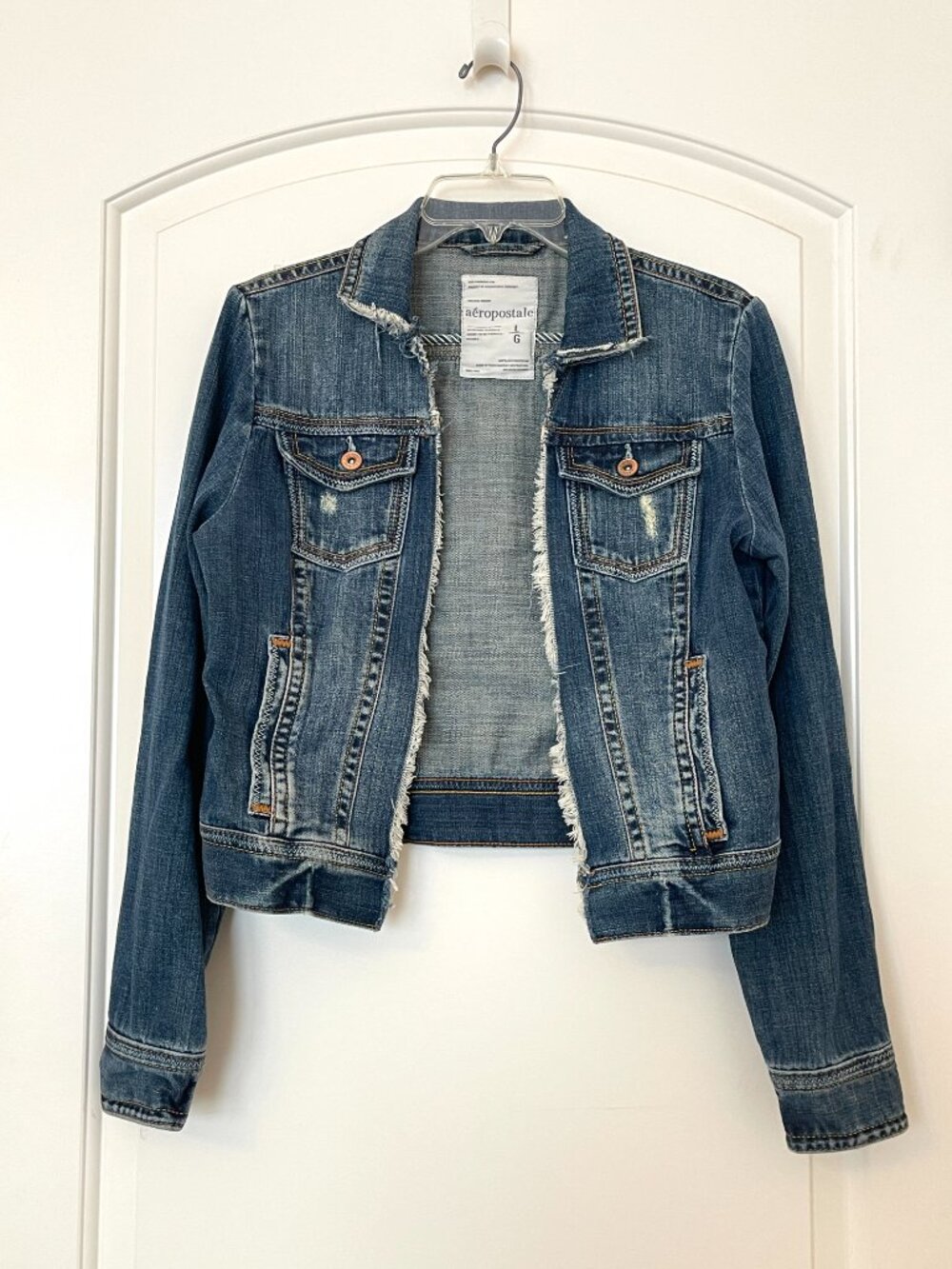 Aeropostale Denim Jacket Fringe Open Front Distressed Blue Jean Large